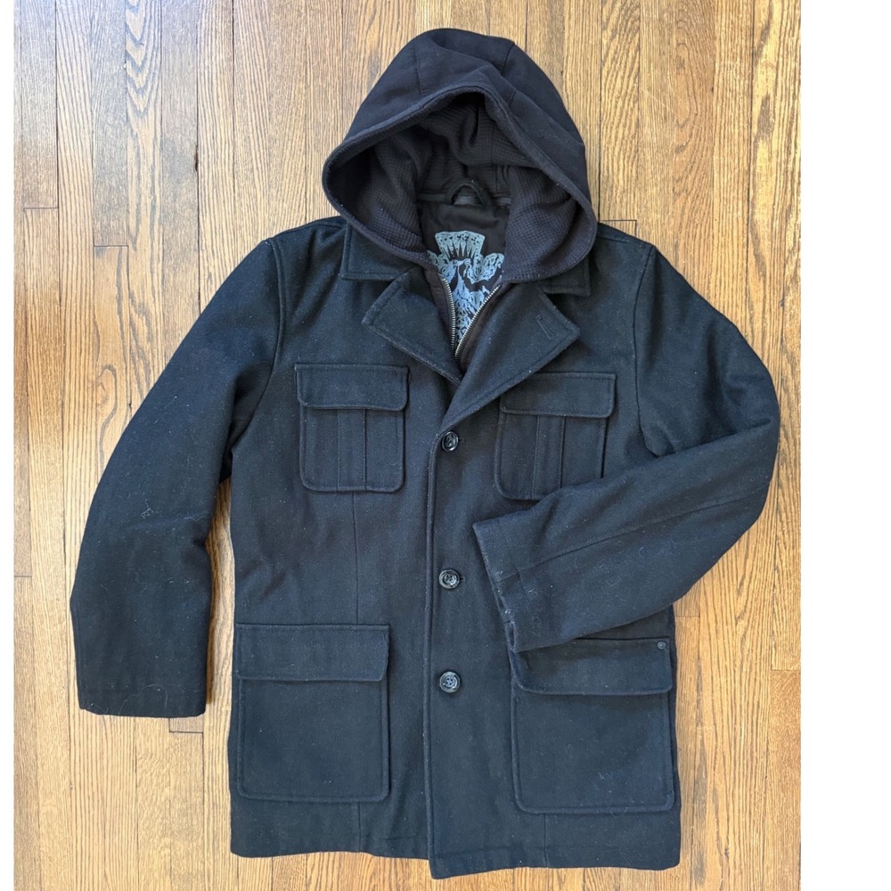 Black Rivet Men Wool Blend Hooded Peacoat Jacket Black XL Zip Out Bib Hood Cargo